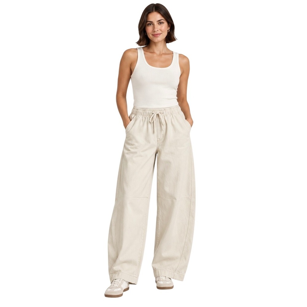 NWT Gap Pull-On Barrel Pants M Long New Off White Wide Leg Cotton Utility